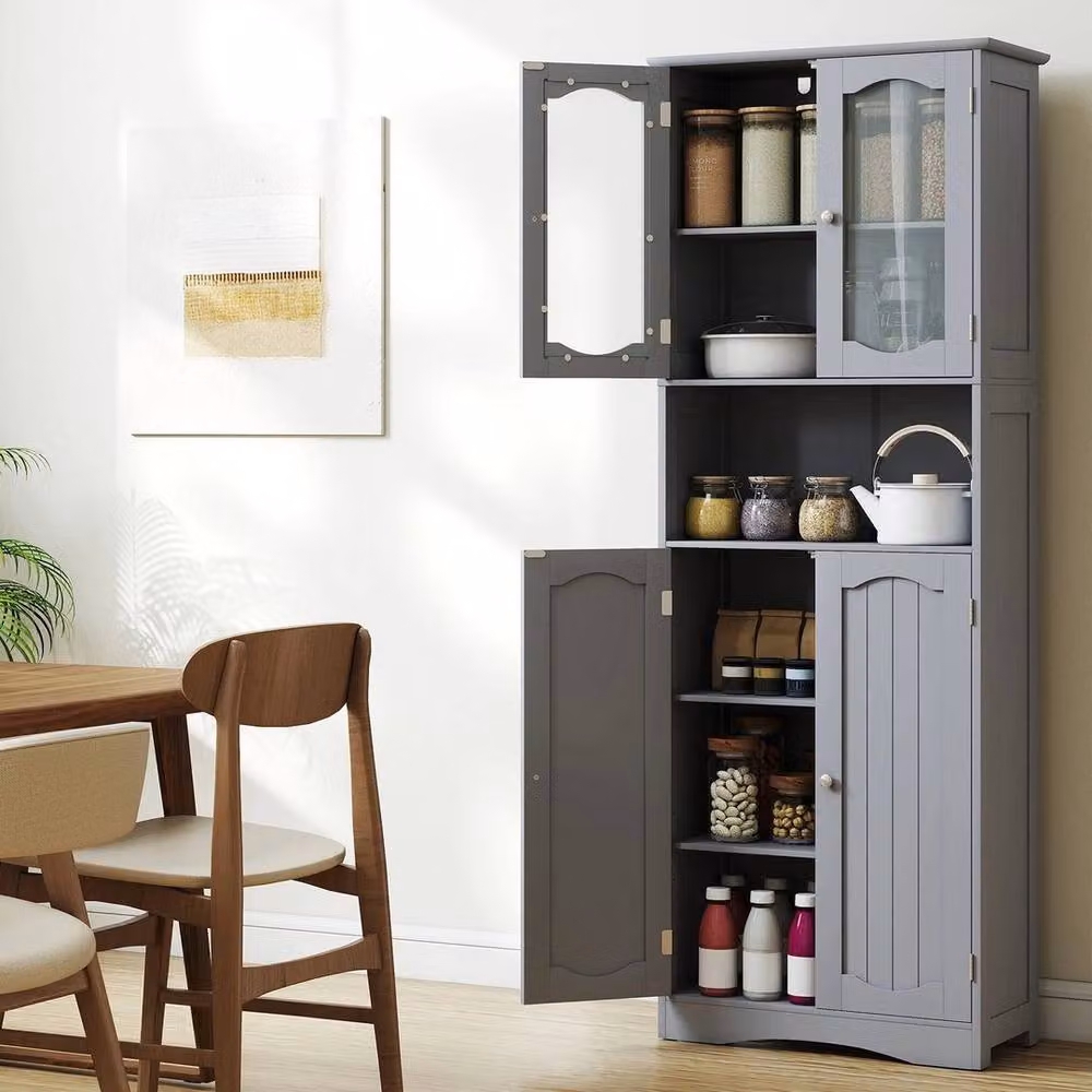 KORVIXA Tall Freestanding Bathroom Storage Cabinet in Grey with Glass Doors and Internal Shelves, W/D/H: 100 x 100 x 100 cm – 3