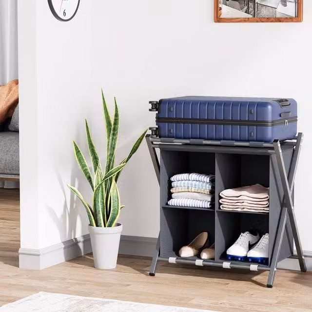 Huhote 2 Tier Metal Folding Luggage Rack with Storage in Grey