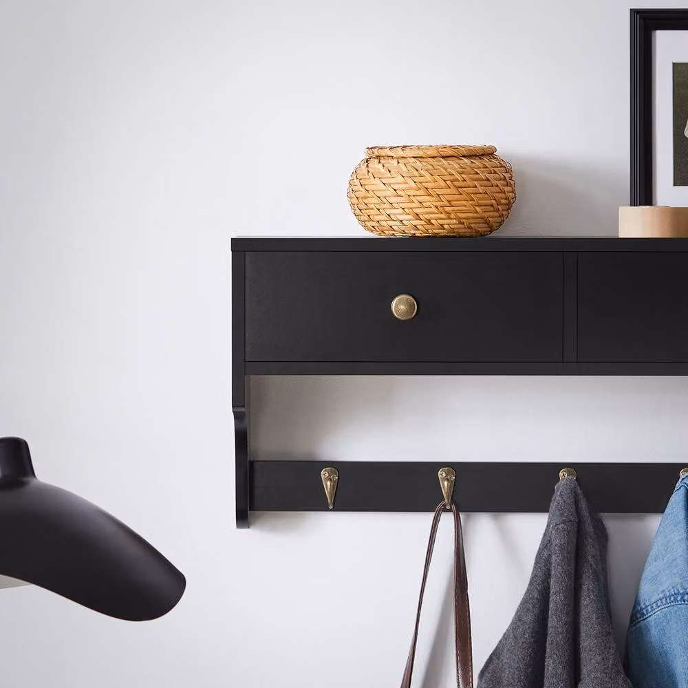 SoBuy Modern Wall-Mounted Coat Rack with Dual Drawers and Shelf in Black, W: 60 cm, D: 15 cm – 5