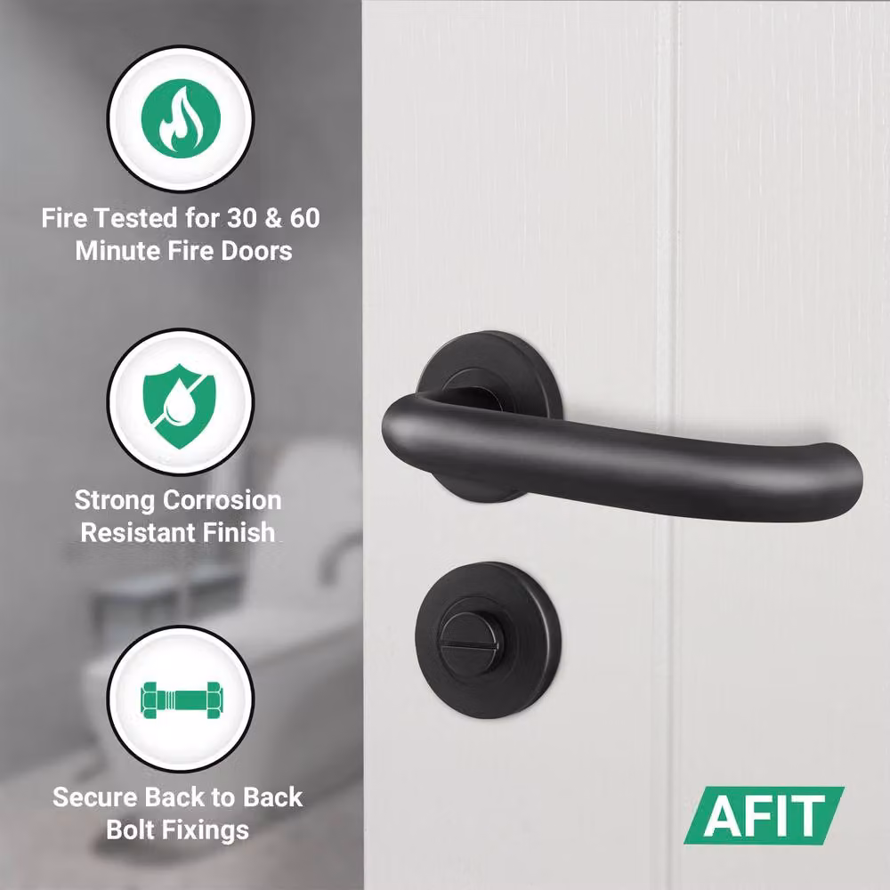 AFIT Matt Black Stainless Steel Fire Rated Return to Door Handles with Bath Lock and 64mm Hinges, W/D/H: 15 x 15 x 15 cm – 4