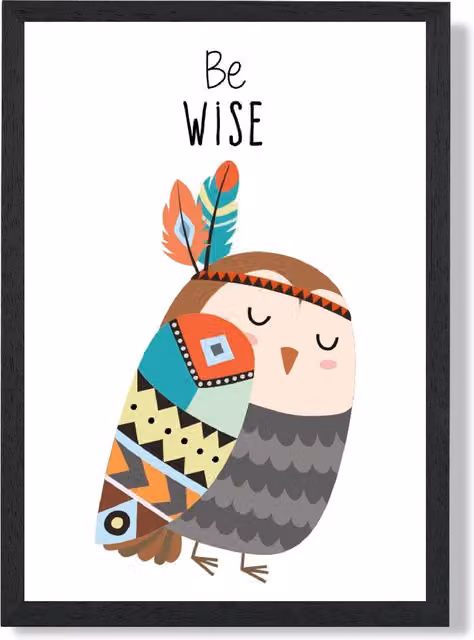 ARTZE Be Wise Owl Tribal Animal Quote Framed Print, Grey and Black, A4 – 1