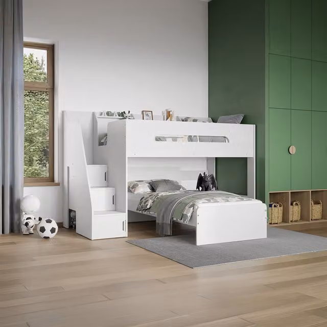 Flair Stepaside L Shaped Bunk Bed with Stairs and Side Compartments in White and Grey – 1