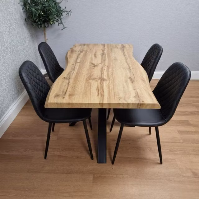 Kosy Koala Industrial Dining Set with Rectangular Wood Table and 4 Black Faux Leather Chairs in Brown