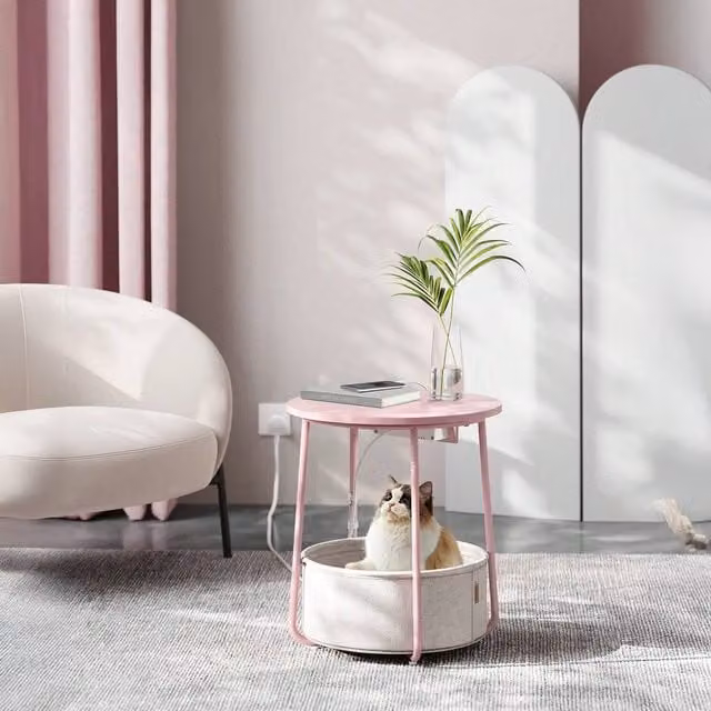 VASAGLE Round Side Table with Fabric Basket, Pink, W/D/H: 45 x 45 x 50 cm