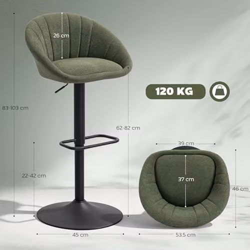 HOMCOM Set of 2 Swivel Bar Stools in Green Fabric with Metal Footrest – 5