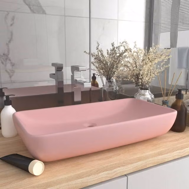 Berkfield Home Luxury Rectangular Ceramic Countertop Basin in Matt Pink W: 71 cm, D: 38 cm – 1