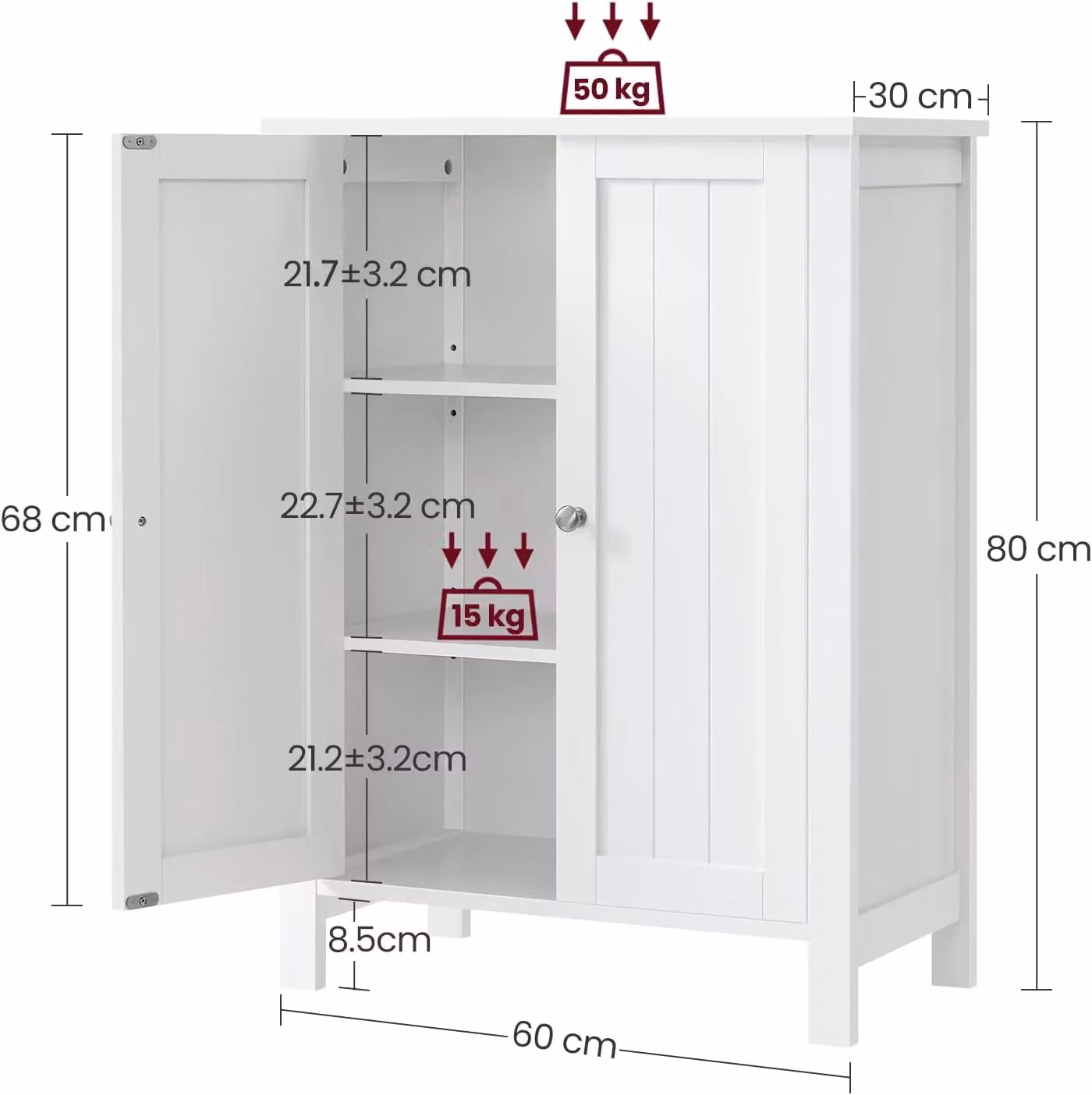 VASAGLE Freestanding White Bathroom Cabinet with Hinged Doors and Internal Shelves – 2