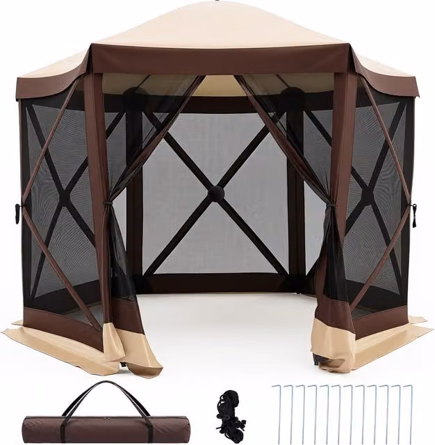 COSTWAY Foldable Hexagonal Gazebo in Brown with Fibreglass In-Ground Supports