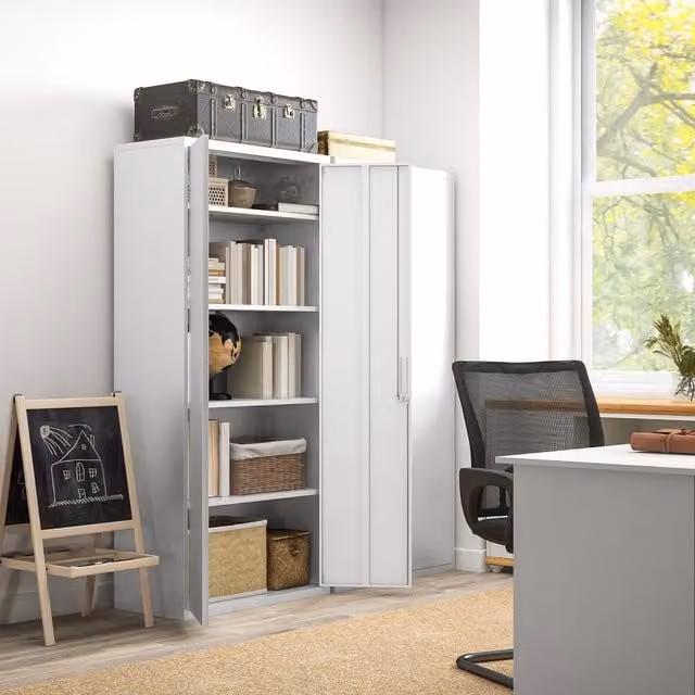 HOMCOM Modern Metal Office Storage Cabinet with Adjustable Shelves and Lock, White