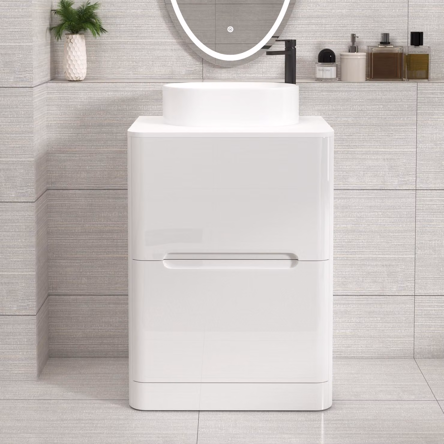 Royal Bathrooms Venice 600mm Gloss White Floor Standing Vanity Unit with 2 Drawers and Peak Basin