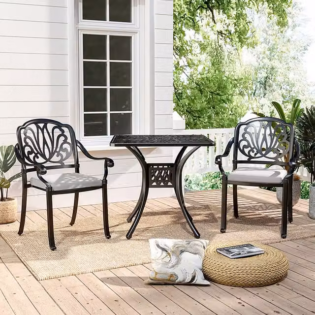 Livingandhome Classic Black Powder Coated Aluminium Garden Dining Table and Armchair Set