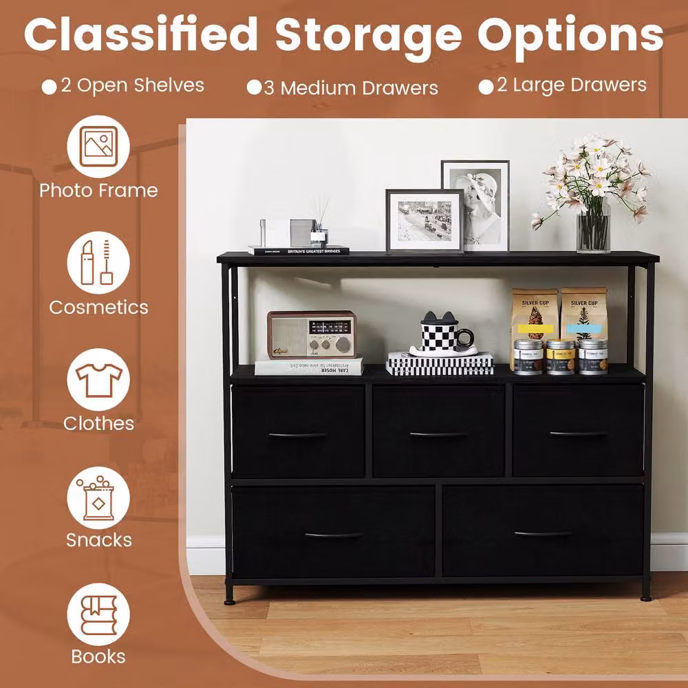 Gymax 5-Drawer Dresser with Open Shelves in Black – 3