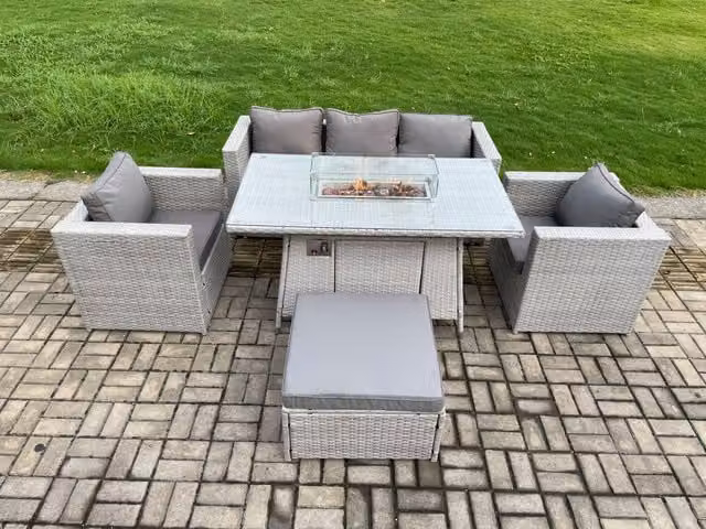Fimous Light Grey PE Rattan Garden Furniture Set with Gas Fire Pit Dining Table, Armchairs and Large Footstool