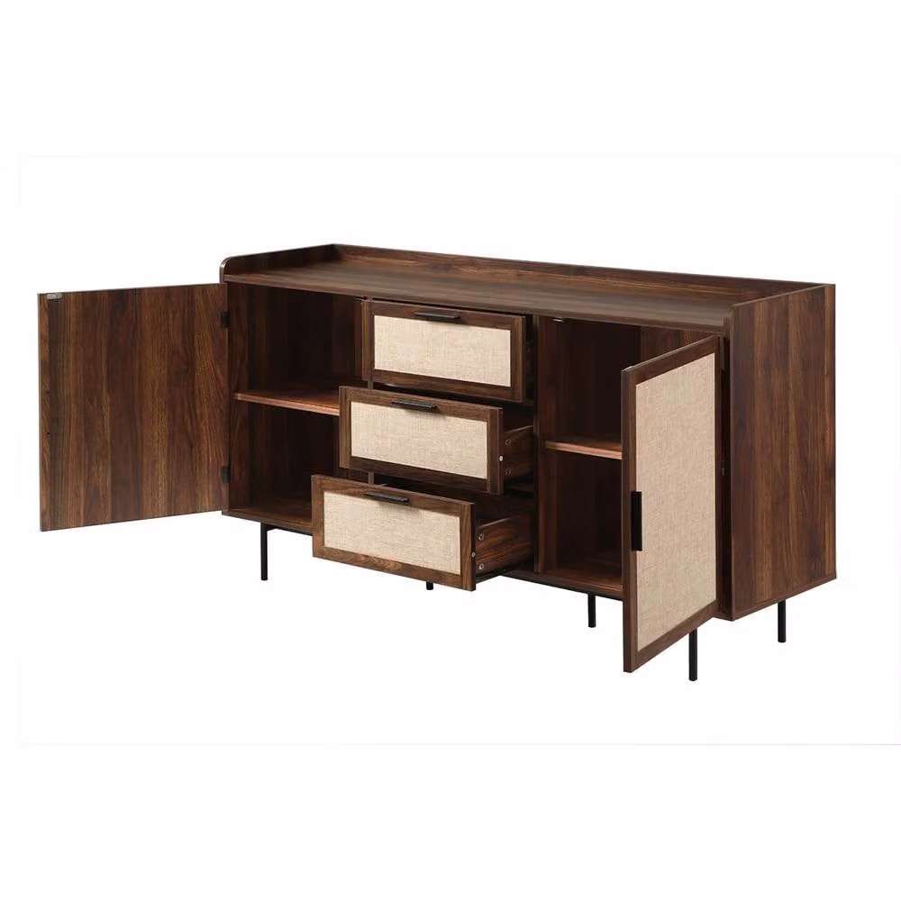 CALICOSY Jetson 2-Door 3-Drawer Sideboard in Walnut Finish with Fabric Fronts, Dark Brown – 3
