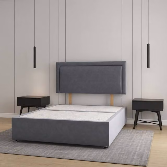 Regional Furnishings Luxury Divan Bed Base with 24 inch Headboard in Charcoal Grey Plush Velvet, W/D/H: 90 x 200 x 30.48 cm