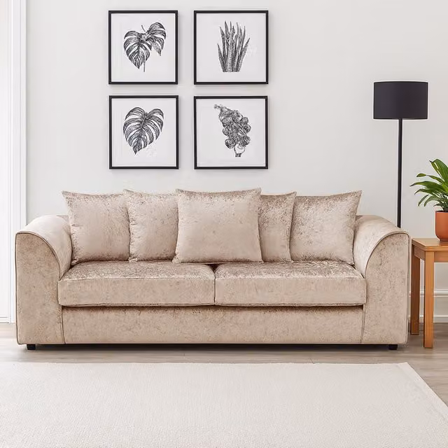 Furnishings For Less UK Crystal Crushed Velvet 3 Seater Sofa in Beige with Scatter Back and Curved Arms