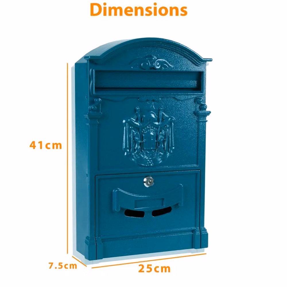 NESTLUNE Blue Vintage Outdoor Lockable Letter Post Box W/D/H: 41.0 x 25.0 x 7.5 cm – 2