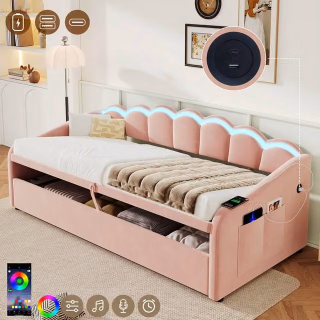 ModernLuxe Pink Velvet Upholstered Single Daybed with LED Ottoman Storage and USB Charging Port, W/D/H: 190 x 90 x 78 cm – 1