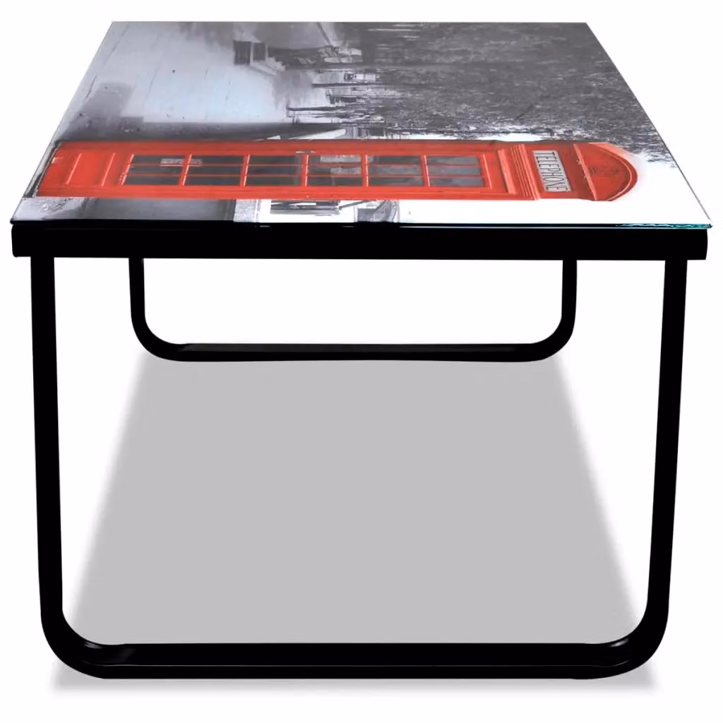 Berkfield Home Modern Rectangular Coffee Table with Abstract Telephone Booth Printing Glass Top and Black Metal Sled Base – 2