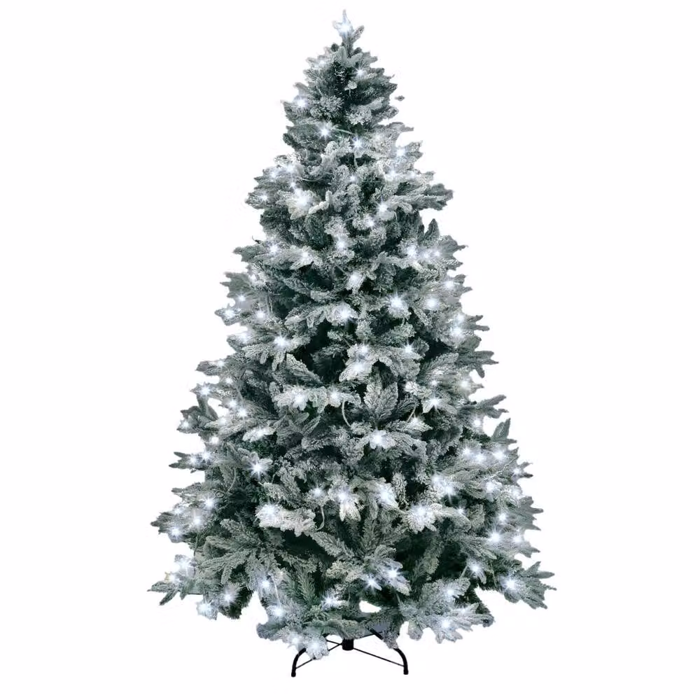 Shatchi Lapland Pre-Lit Artificial Christmas Tree with LED Cool White Lights and Snow Flocked Tips in Green, Height: 304.8 cm – 3