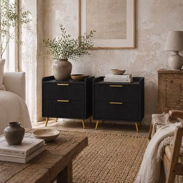Wyld Haus Veha Set of 2 Black Ribbed 2 Drawer Bedside Tables with Gold Handles – 1
