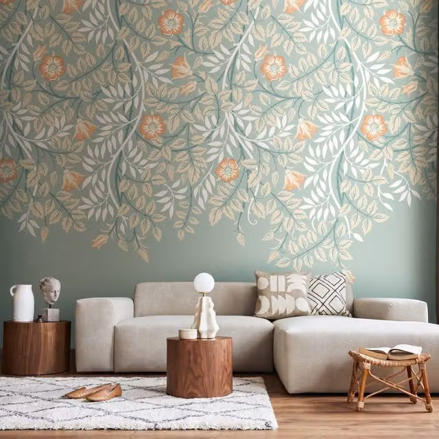 Origin Murals Cascading Rosehip Floral Wall Mural in Blue and Multicolour Art Nouveau Style