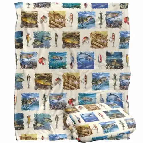 JQ Licensing Fish Paintings and Fishing Lures Pattern Super Soft Fleece Throw Blanket, W/D/H: 152 x 127 cm, White and Multicolour