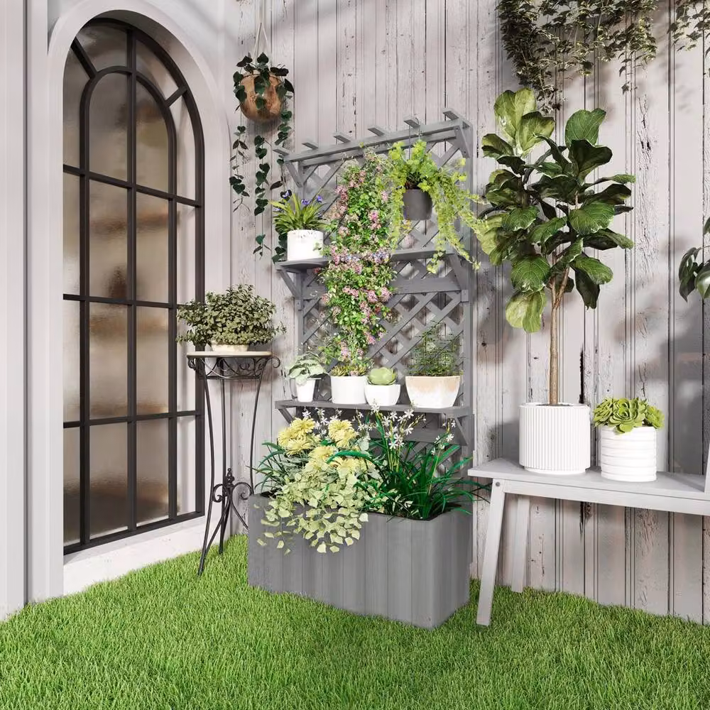 Kelvenix Grey Wooden Raised Planter with Trellis and 2 Shelves, W/D/H: 177 x 52 x 33 cm – 3