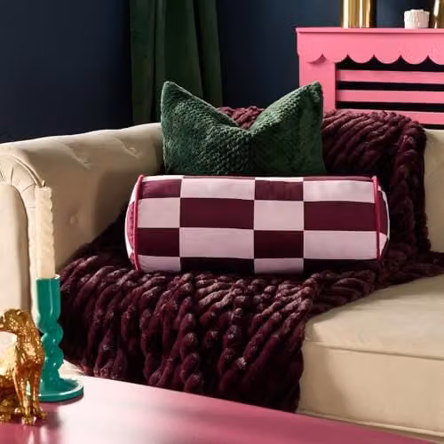 OHS Checkerboard Matte Velvet Bolster Pillow in Pink and Red, 46 x 20 cm – 1