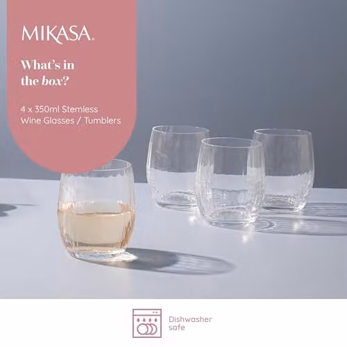 Mikasa Treviso Stemless Crystal Wine Glasses, Set of 4, 350ml, Transparent – 2