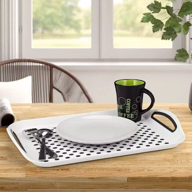 EONLION Set of 2 White Anti-Slip Plastic Rectangular Serving Trays with Handles
