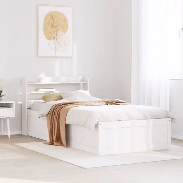 Berkfield Home Sleek Small Single Solid Wood Bed Frame with Headboard and Bedside Shelf, White, W/D/H: 75 x 190 cm