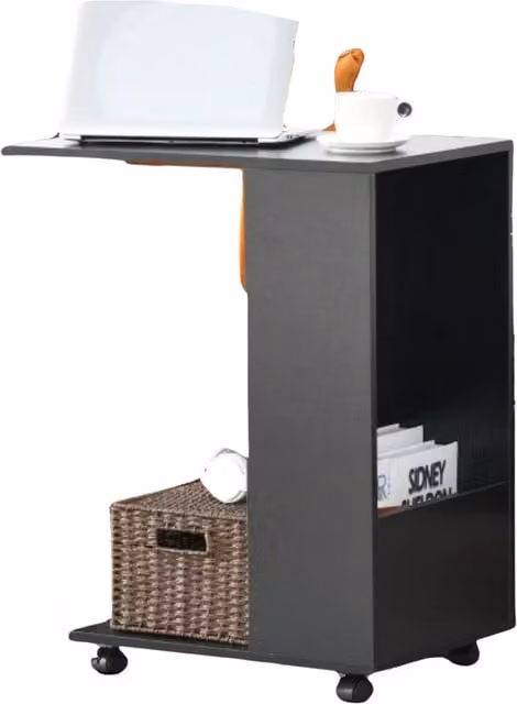 Pirlo Plush Industrial C Shaped Side Table with Storage and Castors, Black
