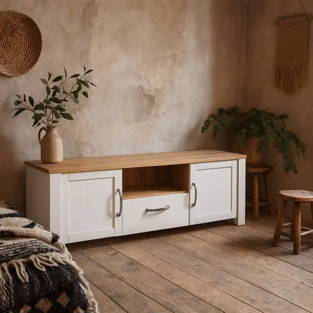 Wyld Haus Bramblecroft Modern TV Unit in White and Natural Oak with 2 Doors and 1 Drawer, W/D/H: 166.1 x 42.0 x 52.0 cm – 1