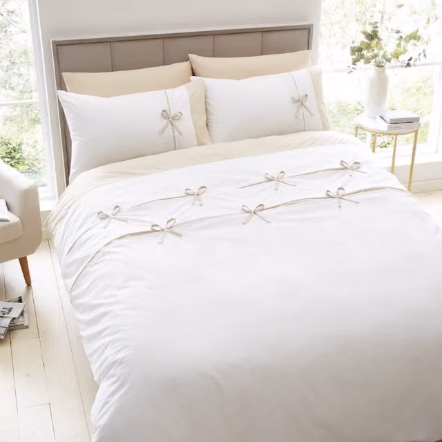 Catherine Lansfield Milo Bow Duvet Cover Bedding Set in Grey and White