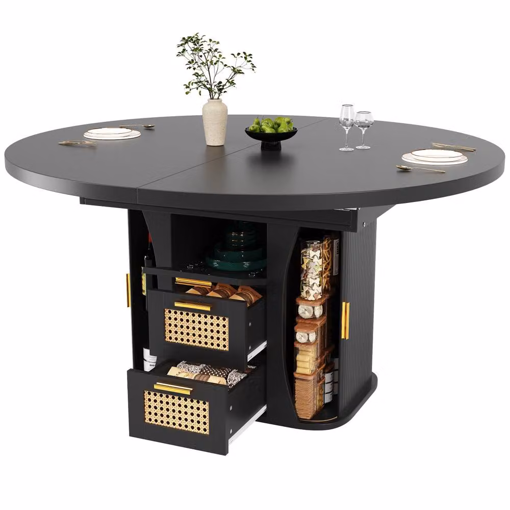 ModernLuxe Extendable Dining Table with Rattan Storage Drawers in Black – 5