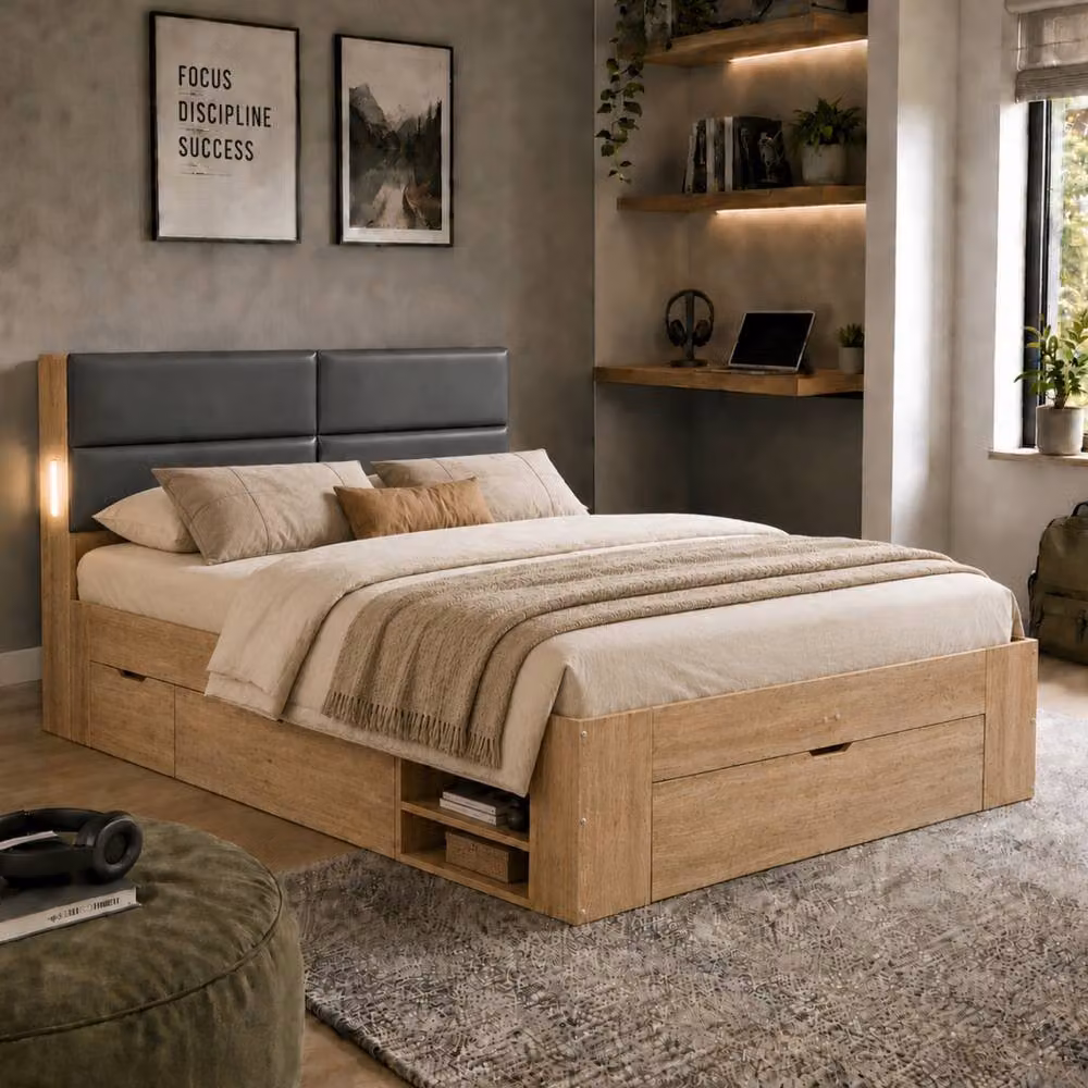 BTM Double Storage Bed with Three Drawers and Integrated LED Reading Light in Natural Oak – 2