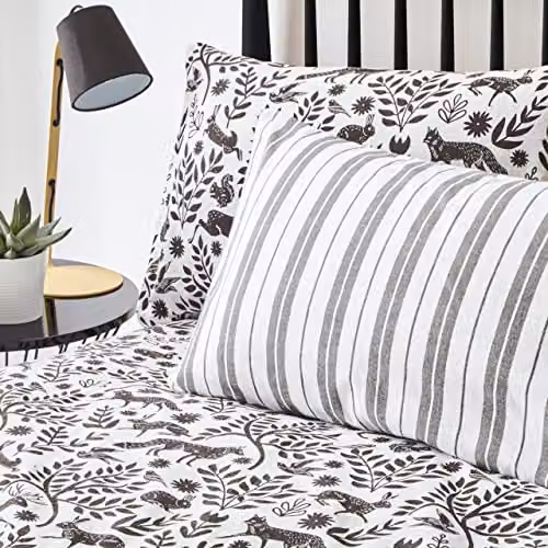 Riva Home Skandi Woodland Reversible Striped Scandinavian Forest Animals Brushed Cotton Duvet Cover Set, Anthracite, W: 140 cm, L: 200 cm – 3