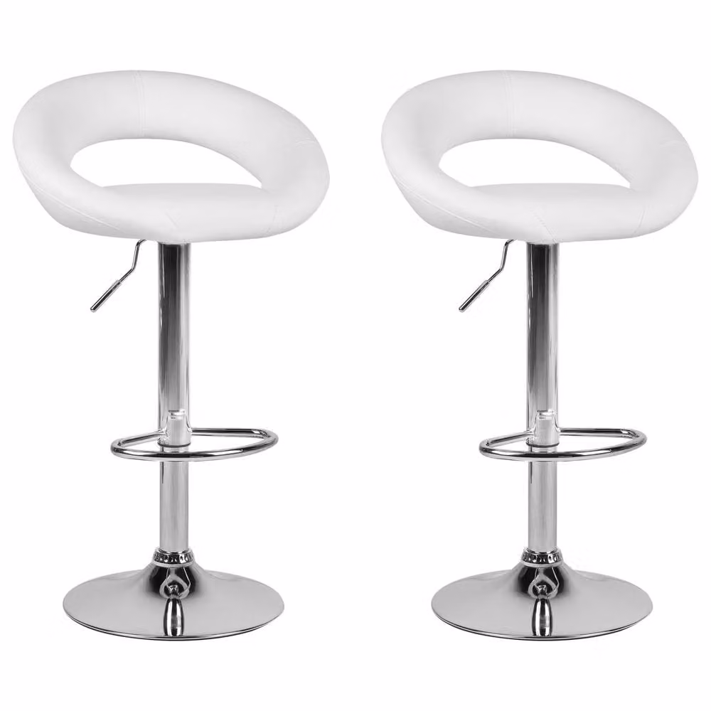 Wyld and Coco Set of 2 White Faux Leather Swivel Bar Stools with Gas Lift and Silver Metal Base – 2