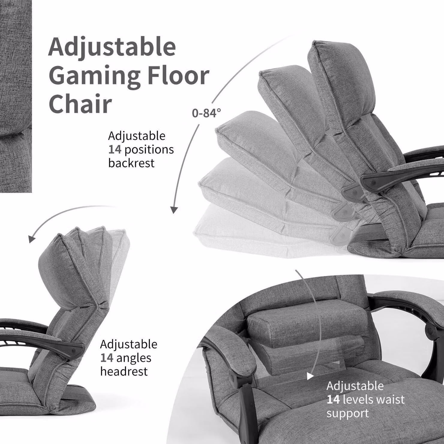 Costway Adjustable Grey Fabric Gaming Floor Chair with Armrests and Headrest – 5