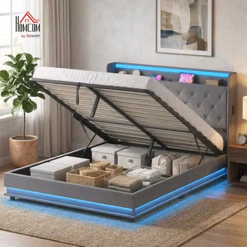 HOMCOM King Ottoman Bed Frame with Lift Up Storage, RGB LED Lighting and USB Charging Port, Grey, W: 150 cm, D: 200 cm – 3