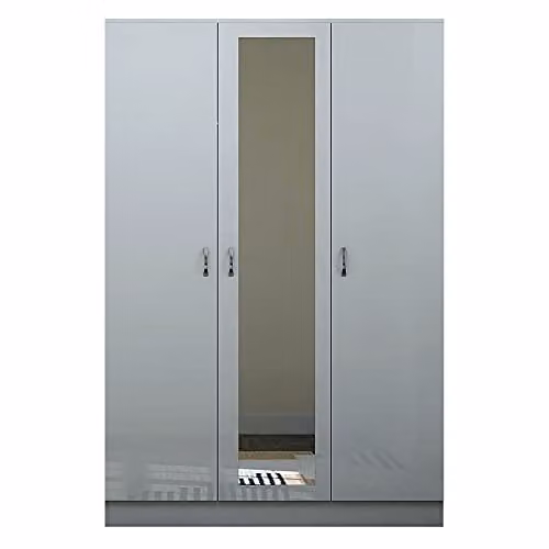FWStyle Modern High Gloss Grey 3 Door Mirrored Wardrobe with Soft Close Hinges, H 181 x W 114 x D 55 cm – 1