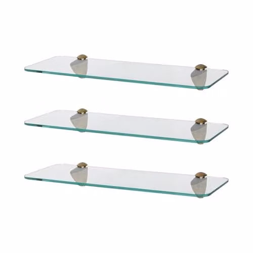 Harbour Housewares Set of 3 Wall-Mounted Glass Bathroom Shelves with Metal Brackets, Gold and Transparent