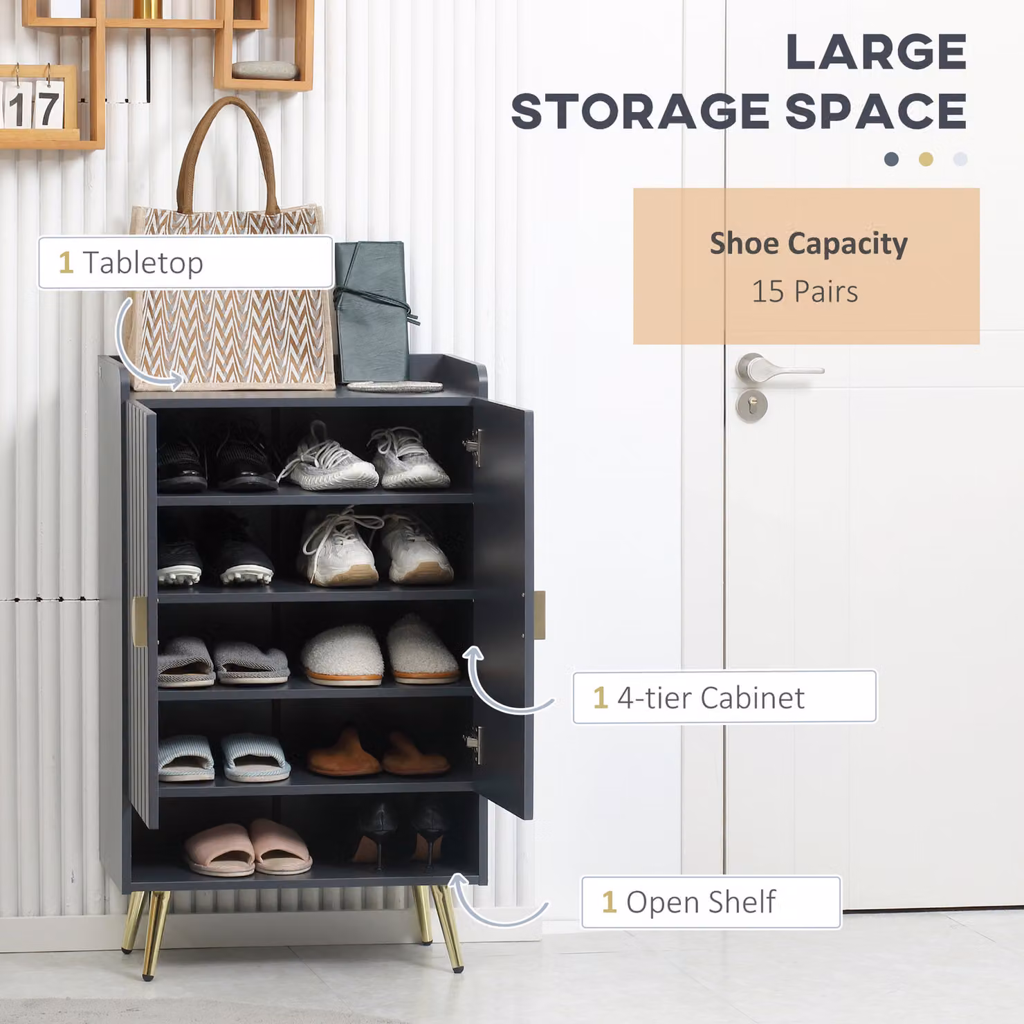 HOMCOM Modern Grey Shoe Cabinet with 2 Doors, Open Shelf and Adjustable Shelves for 15 Pairs of Shoes – 4