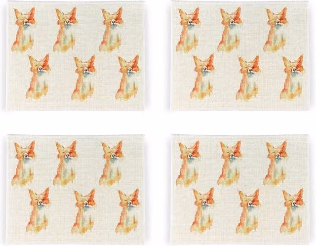 Purely Home Watercolour Foxes Linen Placemats, Set of 4, White, Orange and Multicolour Rectangular Floral Design