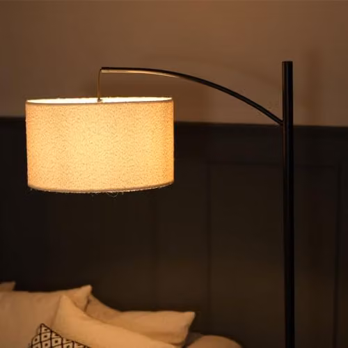 ValueLights Black Metal Curved Stem Floor Lamp with Beige Boucle Fabric Shade and LED Bulb Included – 3