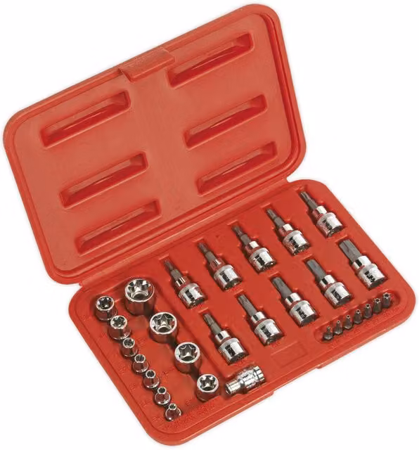 Loops 29pc TRX Star Socket and Security Bit Set in Multicolour Chrome Vanadium Steel with 1/4 inch and 3/8 inch Square Drive Male and Female Ends