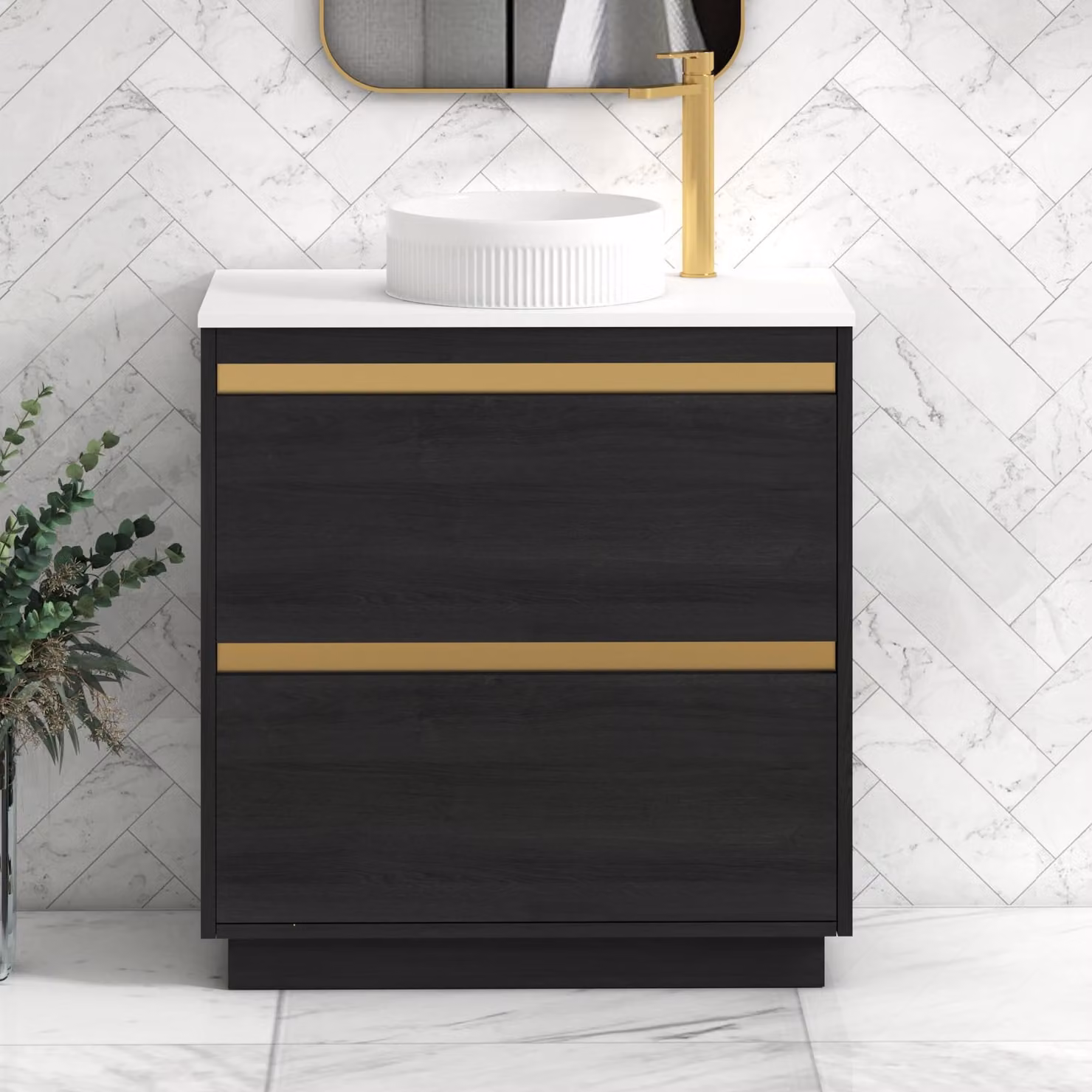 Royal Bathrooms Orion 800mm Hale Black and White Floor Standing Vanity Unit with 2 Drawers, Round Basin and Brushed Brass Accent Trim