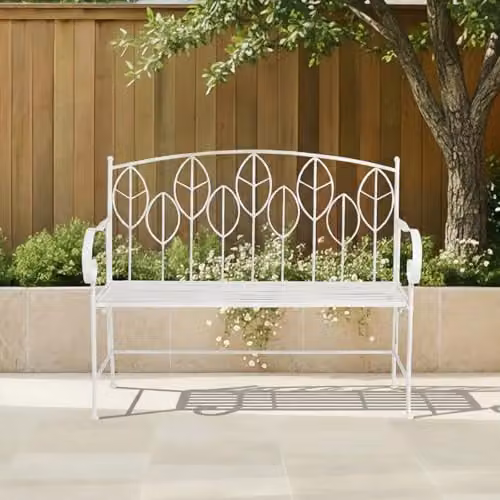 Charles Bentley White Rustic Metal Garden Bench with Floral Leaf Design