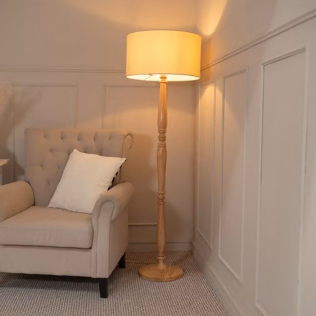 ValueLights Victoria Wood Floor Lamp with Beige Fabric Drum Shade and LED Bulb